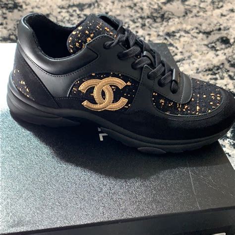 chanel mens trainers black|Chanel black tweed trainers.